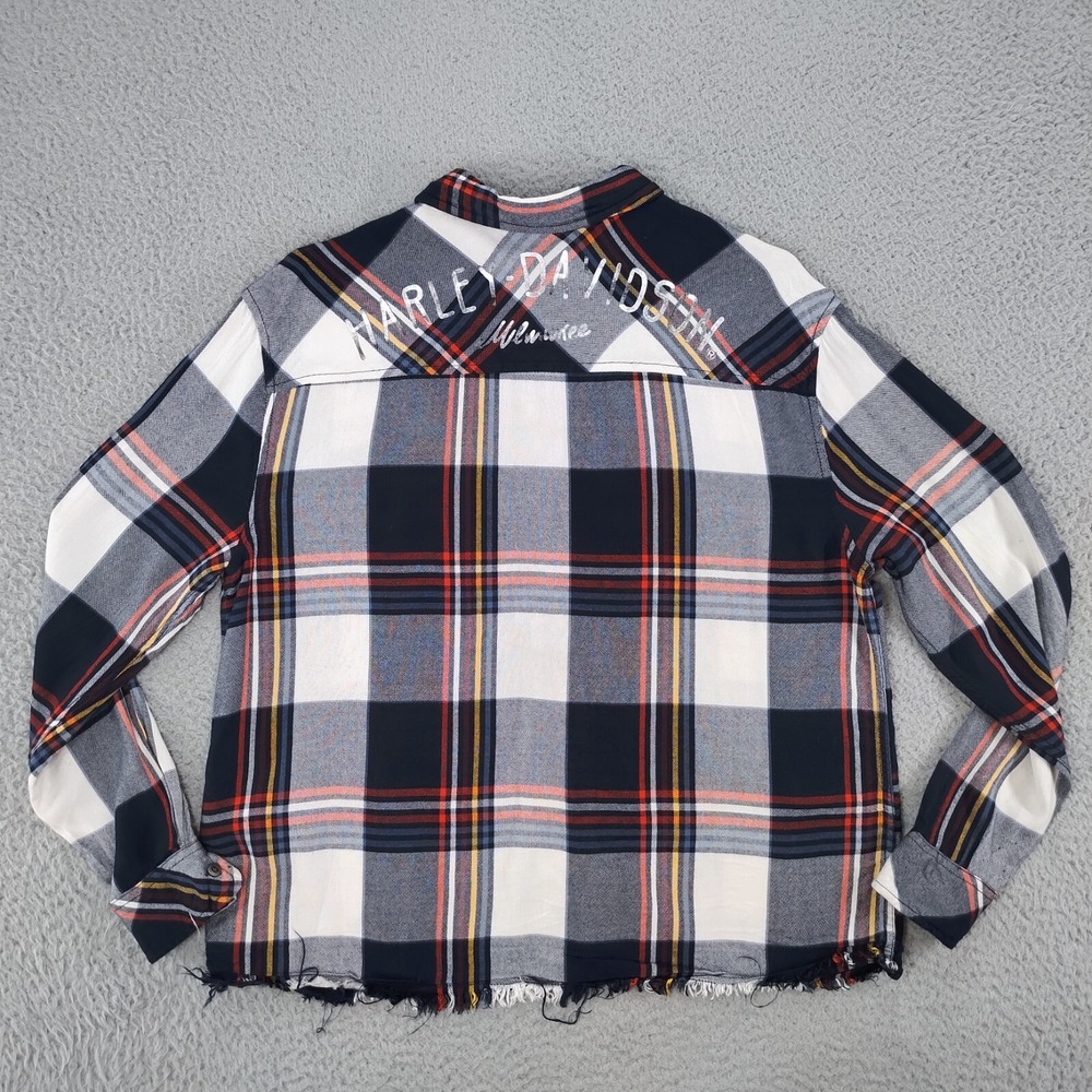 Harley Davidson Flannel Shirt Women Large Button Blue Colorful Front Back Logos - Picture 2 of 16